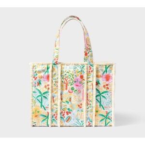 Roller Rabbit x Target Vacation Tropical Print Canvas Fringe Tote Bag Cream